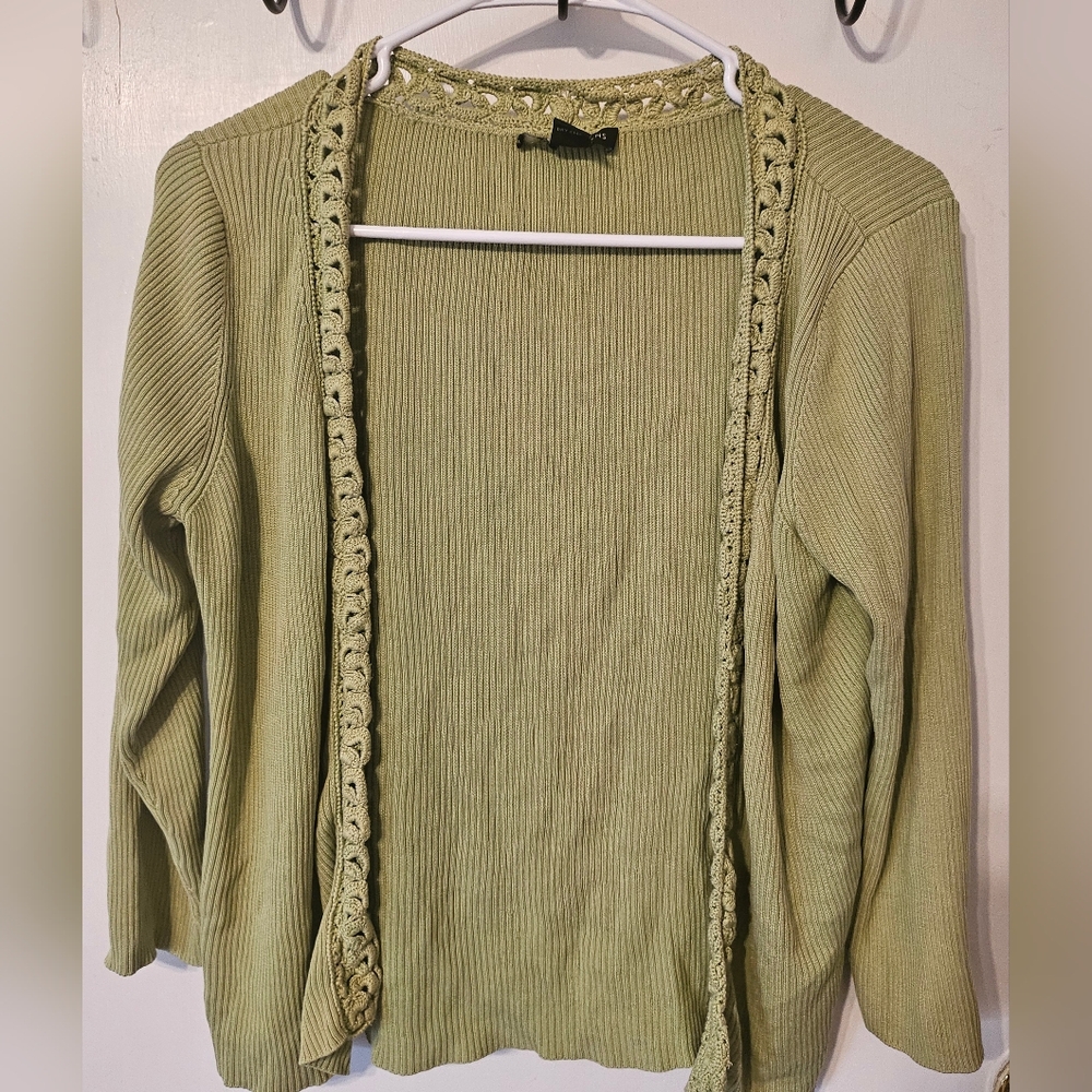 Valerie Stevens Green Cardigan Sweater with Braided Trim